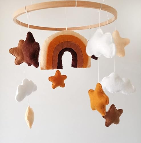 Rainbow Mobile,Brown Stars Mobile,Nursery Mobiles, Crib Mobile, Cot Mobile, Baby Bedroom Decor,Gender Neutral Baby Mobile,Wood Mobile, Handmade
