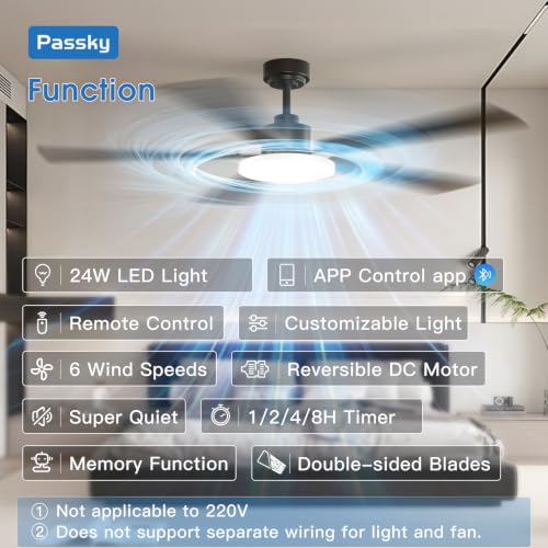 Image of Passky 60 Inch Black Sleek Ceiling Fans with Lights, Remote Control | 3-color dimmable light, quiet reversible DC motor, easy install, memory, Timer, APP, bedroom, covered outdoor areas