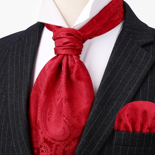 Image of HISDERN Ascot Ties for Men Paisley Floral Ascot and Pocket Square Set Classic Self Tie Mens Cravat Handkerchief for Wedding