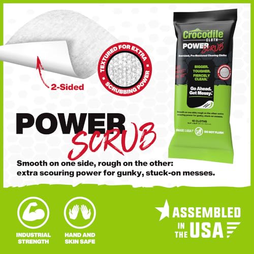 Image of Crocodile Cloth PowerSCRUB Cleaning Wipes - 10 (15 inch x 10 inch) Dual-Surface Cloths, Heavy-Duty, Moist, Absorbent, & Disposable - Safe on Skin & Multiple Surfaces