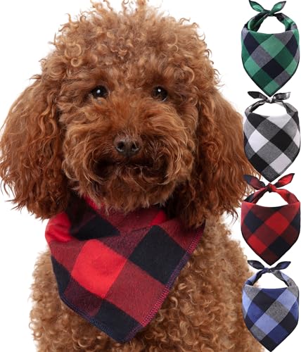 Odi Style Dog Bandana 4 Pack - Dog Bandanas Boy, Girl, Premium Durable Soft Lightweight Fabric, Buffalo Plaid Scarf for Small Dogs, Cats Pets, Black and White, Red, Green, Blue, Small
