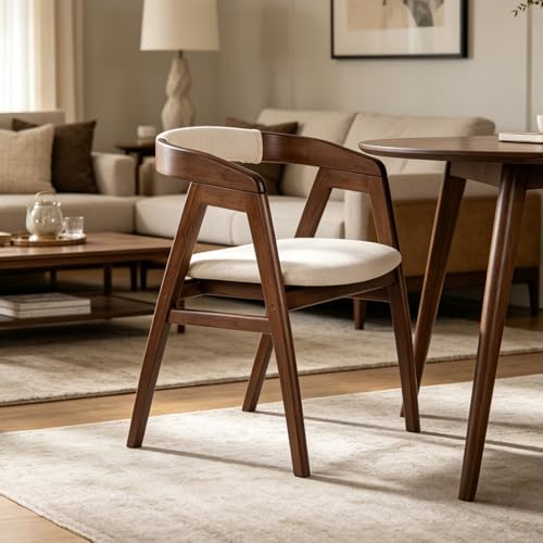 Image of COSTWAY Bamboo Accent Chair with Wide Curved Backrest and Arms, Walnut | Farmhouse Leisure Dining Chairs w /Comfy Cushion, Solid Legs, Upholstered Armchair for Living Room, Bedroom, Kitchen