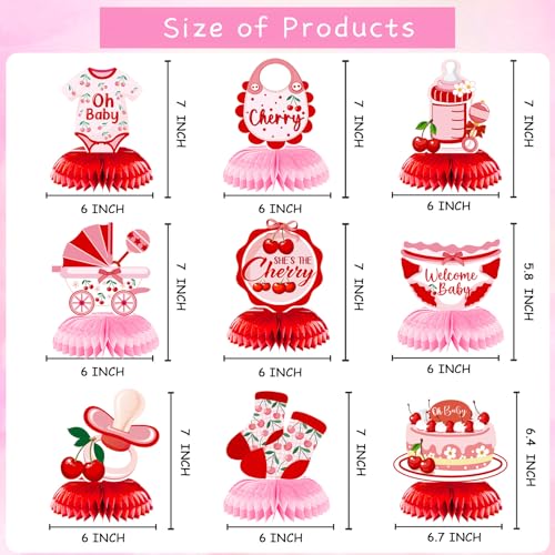 Image of Cherry Baby Shower Decorations for Girls, 9PCS She's the Little Cherry Theme Honeycomb Centerpieces Decor, Cherry Welcome Baby Party Table Decoration Supplies Kids
