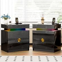 HNEBC Night Stand Set of 2 - with Lockable Gun Drawer, LED Nightstand with Charging Sation,Smart Bedside Table with 24 Color Lights,Glass Top End Table with 3 Drawers,Bedroom,Black