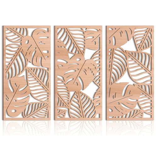 Yixuan 3 Stücke Moderne Holz Wanddekoration, Boho Tropische Monstera Blatt Wandskulpturen mit Laser-Cut Muster, Leichte Natürliche Wand Skulptur Kunst Dekoration für Wohnzimmer, Schlafzimmer, Flur