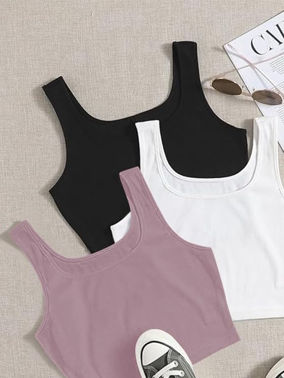 Image of Toochki Women's Knitted Sleeveless Solid Sqaure Neck Ribbed Tank & Crop Tops (Pack of 3)