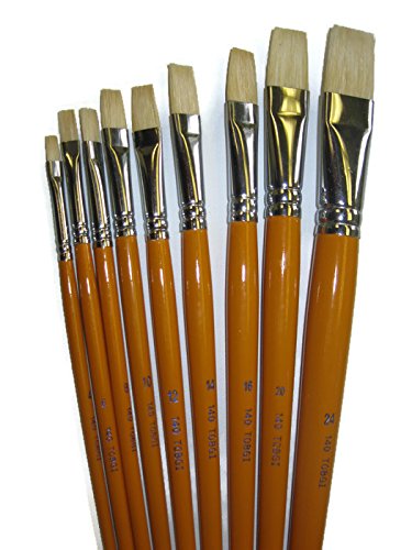 Set of 9pcs Tobgi Artist Quality Brushes Bright White Bristle Hair Oil-Acrylic