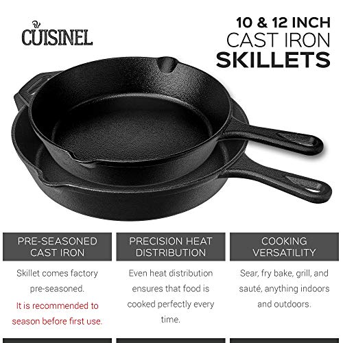 Image of Cuisinel Pre-Seasoned Cast Iron Skillet 2-Piece Set (10-Inch and 12-Inch) Oven Safe Cookware- 2 Heat Resistant Holders