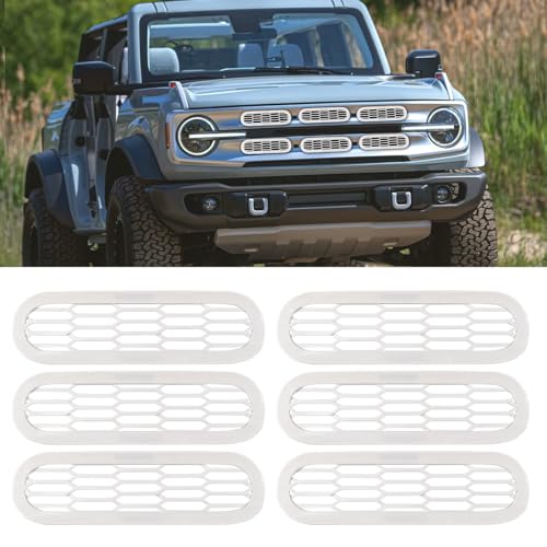 Image of Front Grill Mesh Grille Inserts Cover Frame, Front Bumper Inserts Grill Guard Clip-on Decoration Accessories for Ford Bronco Offroad 2 /4 Door 2021 2022 2023 2024 2025 (White)