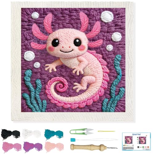 Image of BEUNITONE Pink Axolotl Punch Needle Kit for Adults Beginners, Complete DIY Craft Needlepoint Kits with Hoop, Punch Needle Starter Craft Embroidery Set for Handmade Decor & Stitching Projects 9.4X9.4 inch