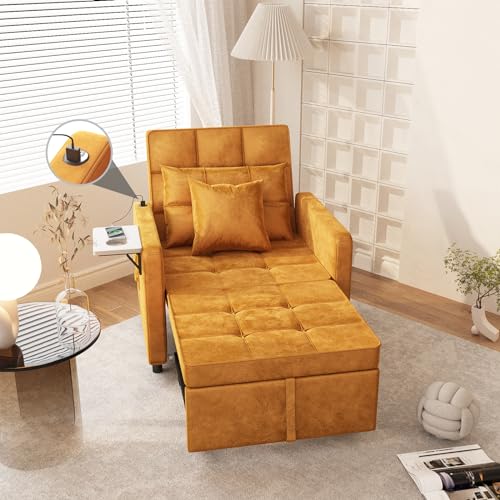 Vabches 3-in-1 Sofa Bed with Wing Table and USB Ports, Velvet Sleeper Chair with Adjustable Backrest, Easy Assembly, Yellow