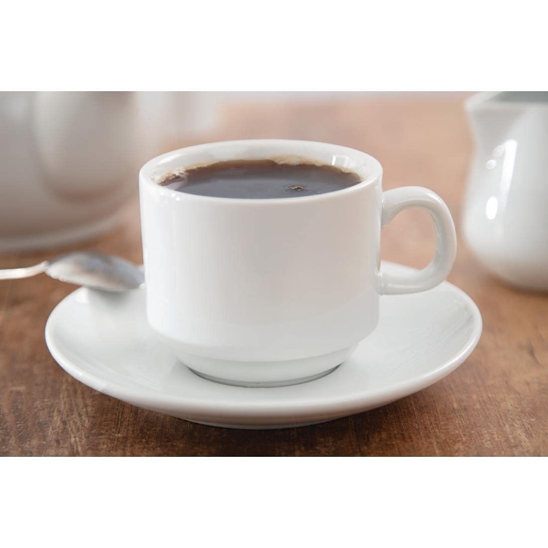 Olympia Whiteware stapelbare Teetassen, 200 ml (12 Stück), weißes Porzellan, Teetassen und Kaffeetassen, splitterfest, passend für Untertasse CB468, mikrowellen-/spülmaschinenfest, CB467