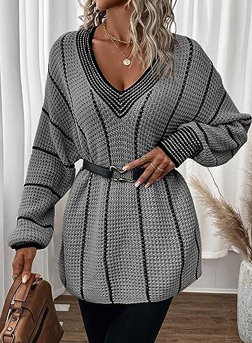 Image of Dokotoo Womens Oversized Striped Tunic Sweaters Casual V Neck Long Sleeve Color Block Knit Pullover Jumper Tops