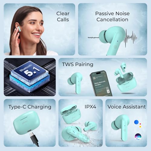 Image of pTron Basspods P81 in-Ear Wireless Earbuds, Pristine Sound, 32Hrs Playtime, Clear Calls TWS Earbuds, Bluetooth V5.1 Headphone, Type-C Fast Charging, Voice Assist & IPX4 Water Resistant (Mint Green)