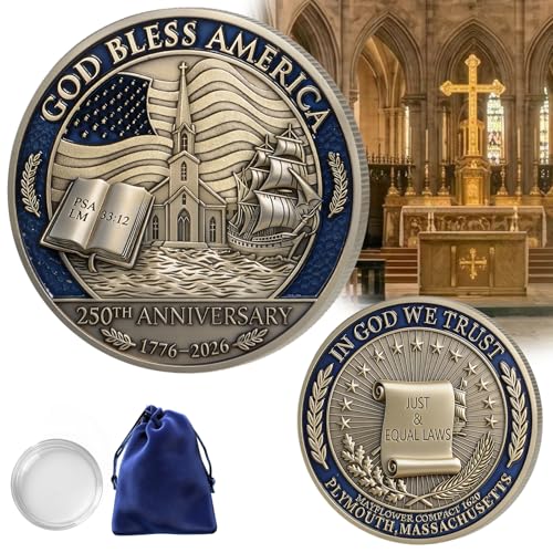 1PCS USA 250th Anniversary Commemorative Coin Religious Christian Faith-Based Gifts (1776-2026) God Bless America Patriotic Challenge Coin, Features Mayflower Compact & Declaration of Independence