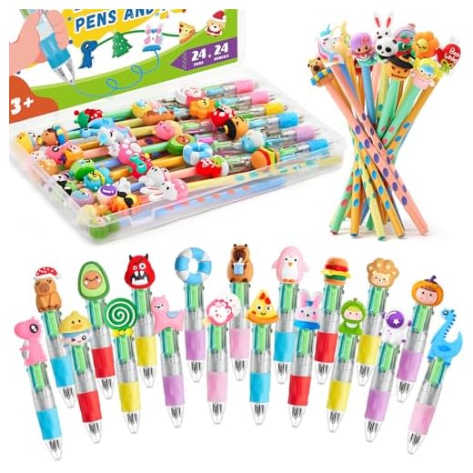 TicKiddos 48 Boligrafo Multicolor 4 en 1: 24 Boligrafo Multicolor+24 Lápices, Regalos Cumpleaños Niños Colegio, Detalles Cumpleaños Niños, Bolígrafos Divertidos para Fiestas Infantiles