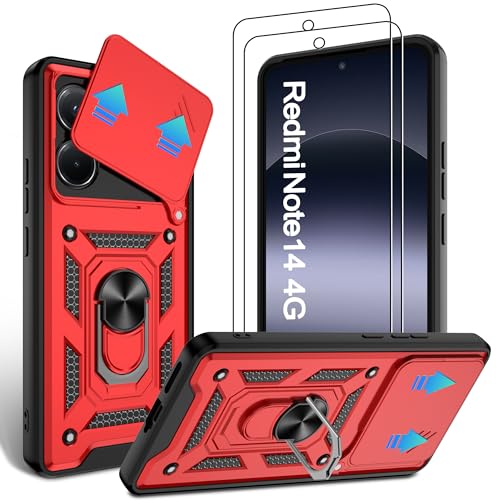 Coque Redmi Note 14 robuste finition rouge avec anneau support