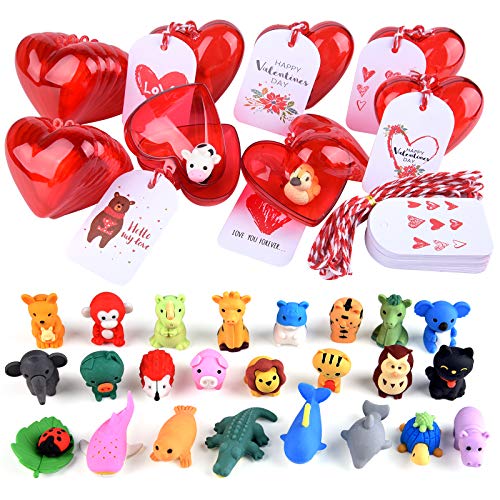 MIAHART 30 Pack Valentines Erasers Set Animal Pencil Erasers Filled Hearts Box and Valentine\'s Cards for Kids Valentines Party Favors, Carnivals Gift, School Supplies (Animal)