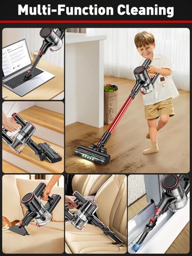 Image of Cordless Vacuum Cleaner, 45KPA 8-in-1 Vacuum Cleaners for Home, 45Mins Runtime, Anti-Tangle Stick Vacuum with LED Display, Rechargeable Lightweight Vacuum for Pet Hair /Carpet /Floor (Red)