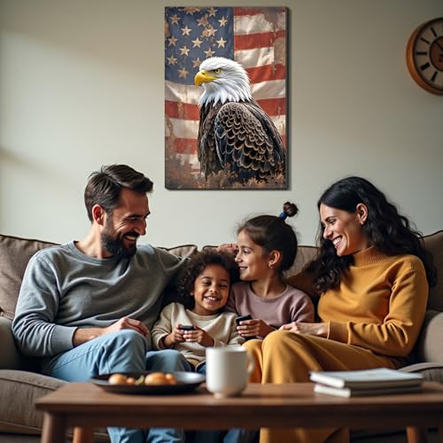 Image of Framed Vintage Bald Eagle American Flag Wall Art, Patriotic Rustic Canvas Art Pictures, USA Eagle Wall Decor, Made in USA Ready to Hang for Office Man Cave