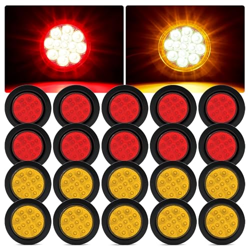 Ronybuy 20Pack 2.5 13 LEDs Round Trailer Marker Lights w/Reflectors DOT Approved Sealed 2.5 Inch LED Clearance Side Marker Lights for Trucks RV Flush Mount 12V w/Grommet & Plugs (10 Amber + 10 Red)
