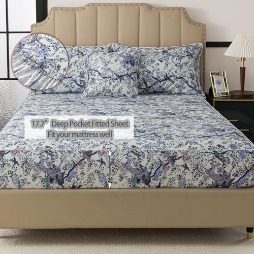 Image of FADFAY Sheets Set King Botanical Bird Floral Bed Sheets Set Vintage Blue Farmhouse Bedding Shabby Branches Bedding Collections 100% Egyptian Cotton Breathable Soft 17.7 inch Deep Pocket 4Pcs, King Size