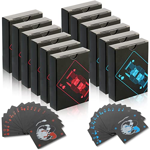 Zubebe 12 Decks Plastic Playing Cards Waterproof Poker Cards Black Deck Of Cards Bulk For Card Activities Table Games Party Supplies, Blue And Red #TOP1