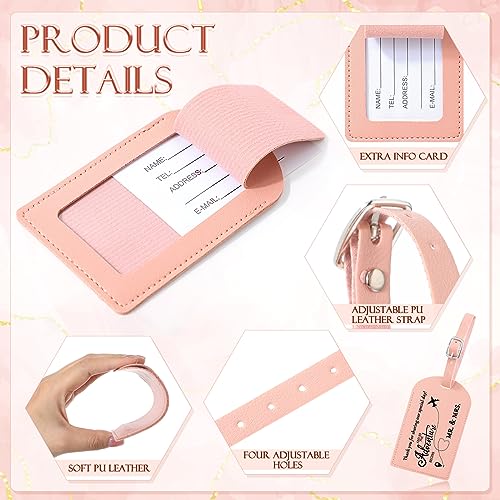 Dandat 50 Sets Wedding Favor Gifts for Guests Bulk PU Leather Honeymoon Travel Luggage Tags with Name Tel Address Cards and Organza Bags for Bridal Shower Wedding Return Gift Favors, Pink Brown3