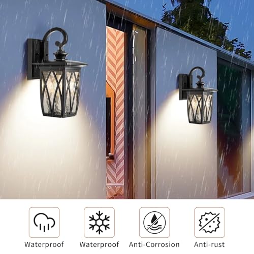 Image of Outdoor Porch Light Wall Mount,18'' Exterior Waterproof Wall Lighting Fixtures,Wall Sconce Light with E26 Socket & Water Ripple Glass Shades, Matte Black Outside Wall Lantern for Patio Front Door