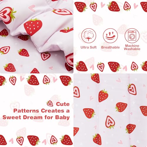 Image of lasoftan Toddler Bedding Set, 4 Piece Bed-in-a-Bag Toddler Bed Comforter Sets for Girls, Toddler Bed Set, Prink Strawberry Printed, Machine Washable
