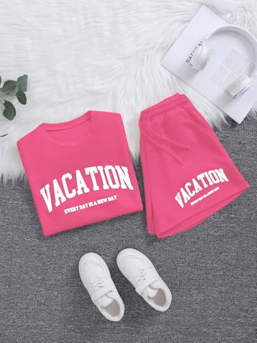 Image of Verdusa Girl's Tracksuit Sets 2 Piece Outfits Letter Print Vacation Tee Top and Drawstring Waist Shorts