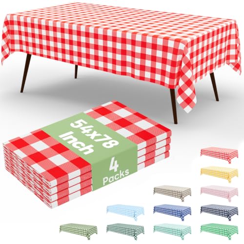 misaya 4 Packs 54 x 78 Inch Buffalo Disposable Table Cloth, Waterproof Plastic Tablecloth, Rectangle Red and White Checkered Table Covers for Picnic, Birthday, Party, Back to School