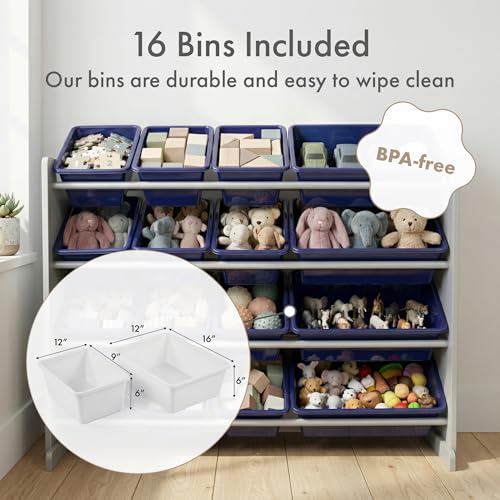 Image of Humble Crew Toy Storage Organizer with 16 Removable Storage Bins for Kids Playroom, 4-Tier Toddler Toy Organization, Grey /Navy