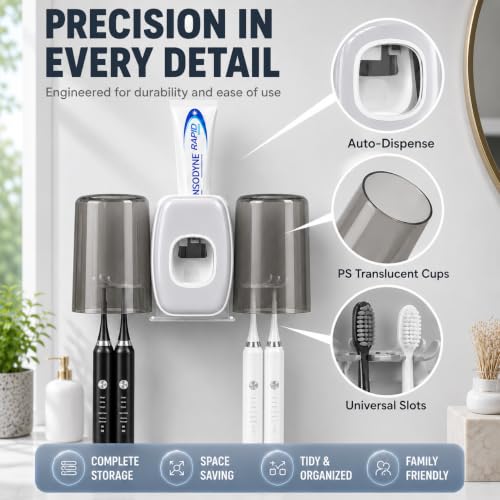 Image of COMFYHOME Tooth Brush Holder Bathroom, Automatic Toothpaste Dispenser, Self Adhesive Brush Stand for Bathroom Wall, Toothbrush Organizer with 2 Mouthwash Cups, 4 Slots Wall Mount Toothbrush Holders