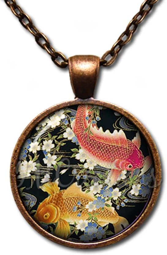 Lucky Amulet Japanese Koi Fish Handmade ROUND Glass Pendant Necklace Jewelry