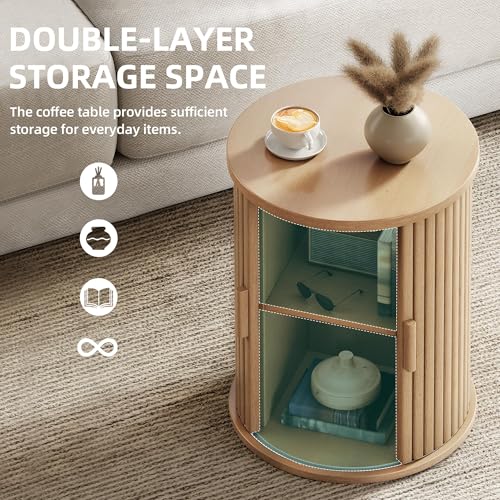 YITAHOME Runder Tisch mit Schiebetürenschrank, Beistelltisch mit 2-stöckigem Aufbewahrungsregal für Schlafzimmer, Esszimmer, Wohnzimmer, Home Office, oder Wohnung, kleiner Couchtisch/Nachttisch, helle – Bild 6