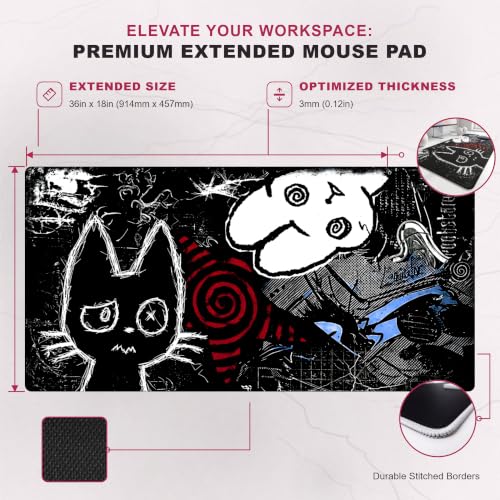 Image of MASIPICKS Doodle Extended XXXL Desk Mat 458 x 915 mm | Premium Midnight Doodle Chaos Mouse Pad with Stitched Edges | 3mm Thick Non-Slip Desk Pad for Gaming, Office & Workstation
