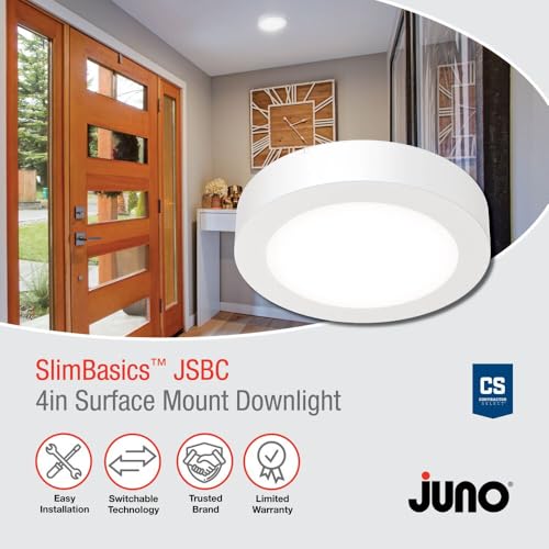 Image of Juno Slim Basics 4 Inch LED Ceiling Light, Low Profile Surface Mount Downlight for Shower or Closet Lighting, 3000K /4000K /5000K Selectable White Light, Edged Trim, Wet Rated, Matte White, 6 Pack