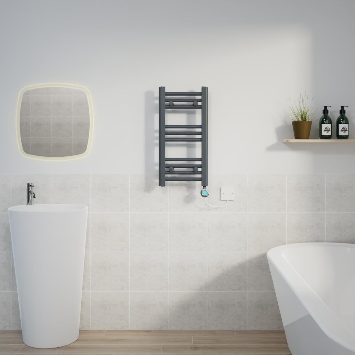 Warmehaus Anthracite&Chrome Prefilled 600X300mm Straight Electric Heated Towel Rail With Timer Thermostatic Bathroom Radiator Anthracite - 200W(Chrome Heating Element)