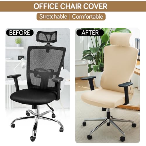 Image of HOKIPO 'SereneSolids' 140 GSM Office Chair Cover with Headrest (High-Back) - 140 GSM Stretch Fabric - Washable, Anti-Slip Fit for Ergonomic Mesh Office Chairs, Beige (AR-5369-BGE)