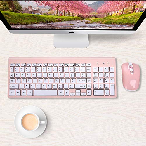 Image of cimetech Wireless Keyboard and Mouse Set, 2.4G Ultra-Thin Sleek Design, USB Compact Full Size Keyboard Mouse Combo for Windows, Computer, Desktop, PC, Notebook - Pink