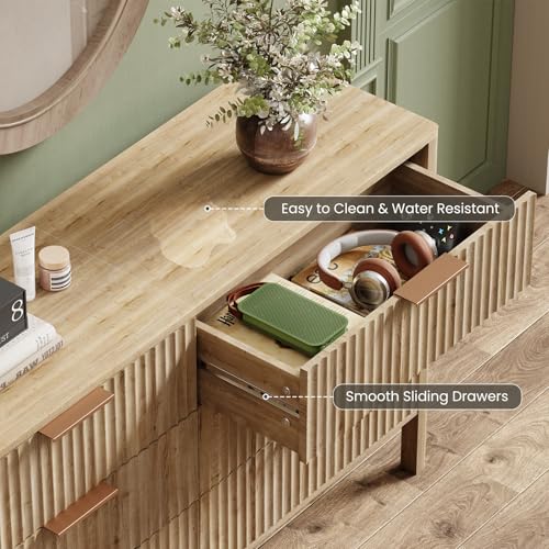 Image of 55 Inch Wide Fluted 6 Drawer Dresser for Bedroom, Wooden Dresser Modern Chest of Drawers TV Stand Dressers with Organizer Storage for Bedroom, Living Room, Entryway, Oak