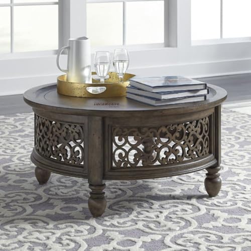 Image of Wooden Carved Coffee Table for Living Room | Center Table for Living Room Furniture | Solid Wood Round Tea Table for Home | Durable & Stylish Coffee Table for Home, Bedroom & Office (Walnut)