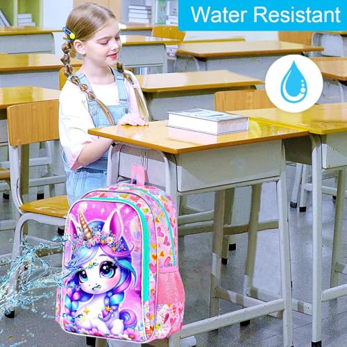 Image of CCJPX 3Pcs Unicorn Backpack for Girls, 16 inch Kids Bookbag with Lunch Box, Water Resistant Elementary School Bag for Kindergarten Preschool Toddler (Pink)