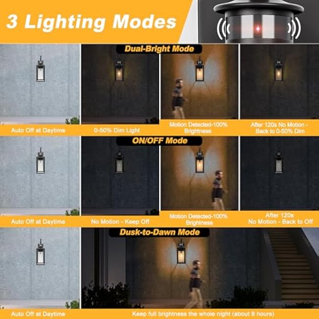 Motion Sensor Outdoor Wall Lights 2 Pack, Black Dusk to Dawn Light Fixtures Wall Mount, 16 Exterior Wall Sconces Waterproof, Large Outside Lamps for House, Modern Porch Lanterns 3 Modes