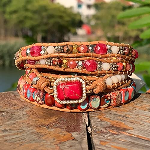 Image of YGLINE Boho Handmade Wrap Leather Tube Crystal Stone Bracelet for Women