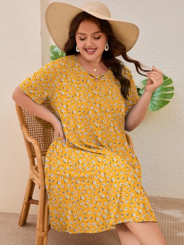 Image of AusLook Plus Size Midi Dress for Women Short Sleeve V Neck Criss Cross A Line Summer Casual Vacation Sundresses with Pockets