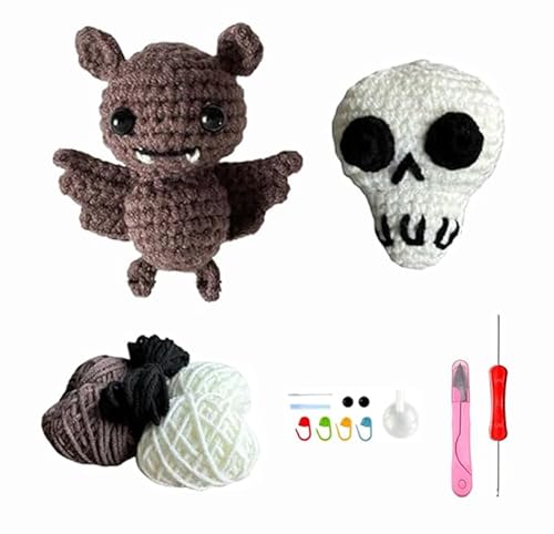 Xanadued Crochet Kit for Beginners, Crochet Halloween Bat & Skull Set, Knitting Kit for Beginners Adults, Easy Learn to Crochet Kit with Tutorial and Step-by-Step Instruction Vedio