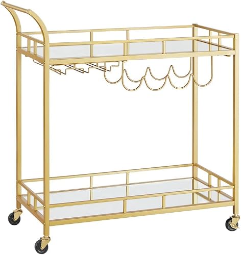 VASAGLE Bar Cart Gold, Home Bar Serving Cart, Wine Cart with 2 Mirrored Shelves, Wine Holders, Glass Holders, for Kitchen, Dining Room, Gold ULRC090A03