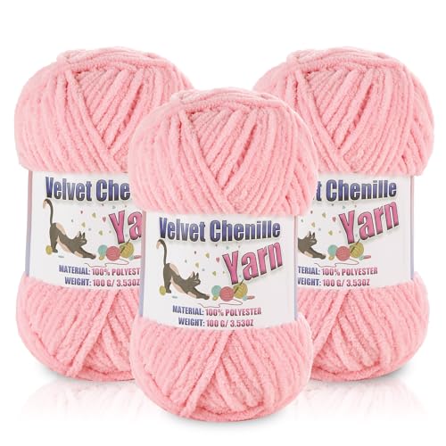 Image of 3 * 100g /3.5oz Fluffy Chenille Yarn for Crocheting, Chunky Velvet Yarn for Crochet Amigurumi, Used for Making Baby Yarns Blanket, Clothes, Pattern Knitting Creations (Pink)
